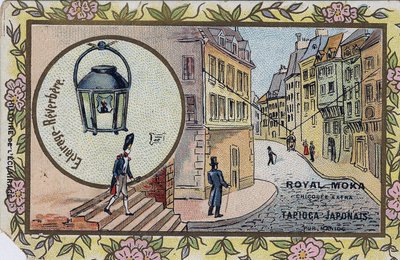 Belysningens historie: Belysning af gadelamper. Kromolitografi, der pakker Royal Moka chicoree ind. af Unknown artist