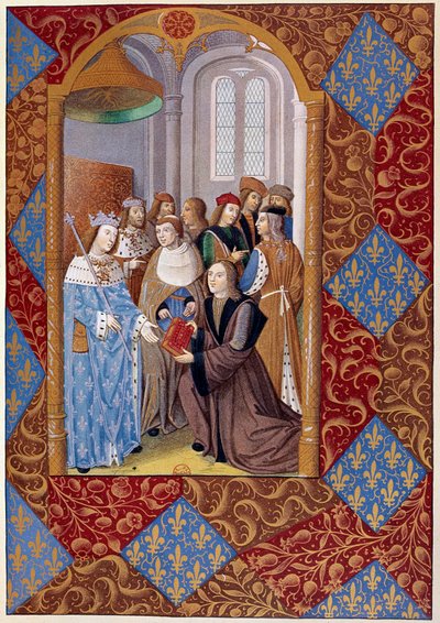 Trykningens historie: udgiver Antoine Verard (? -1513) præsenterer sin bog til kong Charles VIII. Fra et manuskript fra 1494 af Unknown artist