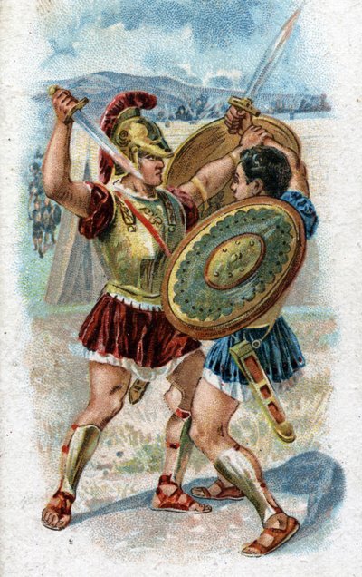 Historien om livet af Achilles, legendariske helte fra den trojanske krig: Achilles kæmper mod Hector for at hævne Patrocles død. Kromolitografi fra 1890. af Unknown artist