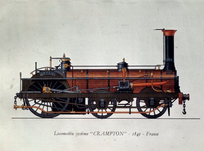 Transporthistorie: lokomotivmodel, Crampton-system opkaldt efter Thomas Russell Crampton (1816-1888), britisk ingeniør: han skabte et højhastighedslokomotiv. Stik fra 1849 Paris, Dekorativ kunst af Unknown artist