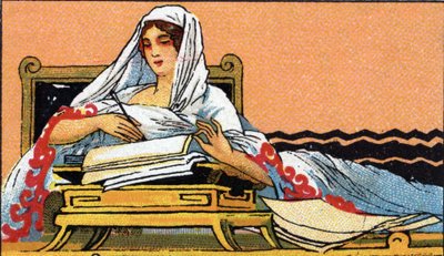 Skriftens historie: en ung kvinde skriver på en notesbog på latin, begyndelsen af det 20. århundrede (chromo) af Unknown Artist