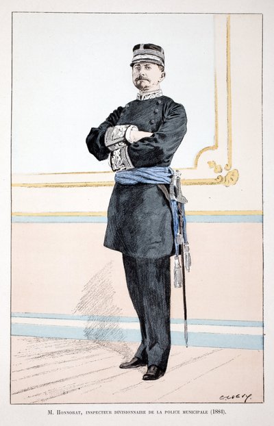 Honorat, Afdelingsinspektør for Kommunepolitiet (1884). Radering i farver, til illustration "" History of the Corps of Peacekeepers""" bog udgivet i regi af Louis Lepine (1846-1933), præfekt for politiet på Seinen, af Alfred Rey af Unknown artist
