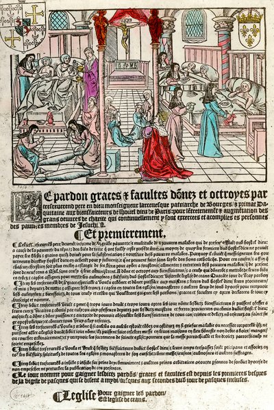 Hospital i 1500-tallet: Afladsbrev (Til højre: en hospitalsscene. Agauche: døende og død). Indgravering af det 16. århundrede. Privat samling. af Unknown artist