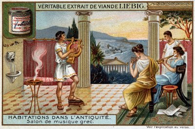 Huse i antikken: Græsk Musikrum - Liebig Chromolithography af Unknown artist