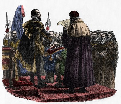 Hugh Capet aflægger suverænens ed - Hugues Capet (ca. 941-996) konge af frankerne, udtalte suverænens ed i 987 -1882 af Unknown artist