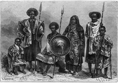 Human Zoo: gruppe af Assabais, en stamme fra Etiopien, dengang italiensk koloni. Udstillet i Torino som en del af 1884 National Exhibition. Indgravering i "" Naturen. Gennemgang af videnskab og dens anvendelser til kunst og industri. 1884 af Unknown artist
