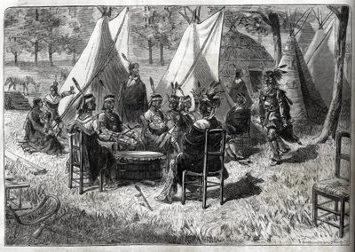 Menneskelige zoologiske haver - Menneskelige zoologiske haver - Etnologiske udstillinger - Mohas-indianere i akklimatationshaven (The Illustrious Diary of 1883) - Femten Nebraska-indianere af Unknown artist