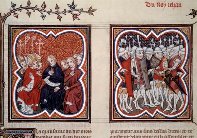 Hundredårskrigen: "Til venstre beordrede den fremtidige delfin Charles V den vise (1338-1380) (regent på dette tidspunkt) og generalstaternes rådmænd befrielsen af hans far Johannes II efter slaget ved Poitiers i 1356, han var omgivet af Etien af Unknown artist