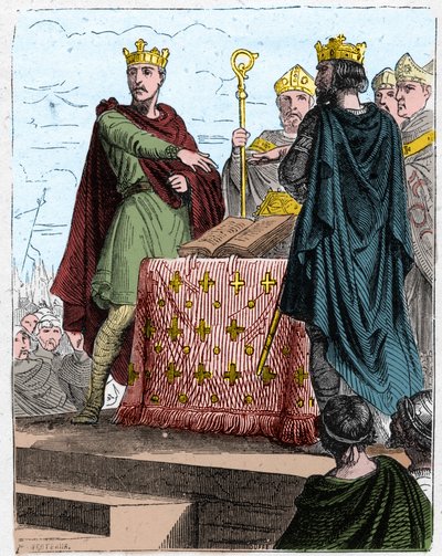 Hundredårskrig: Behandler Bretigny den 8. maj 1360 på slottet Bretigny (nær Chartres), mellem de befuldmægtigede for kong Edward III af England og Charles, søn af kong John II af Frankrig. af Unknown artist