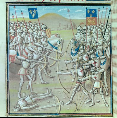 Hundredårskrig: Slaget ved Crecy den 26/08/1346 mellem franskmændene og englænderne. Miniature fra et manuskript fra det 14. århundrede Paris, Bibliotheque de l