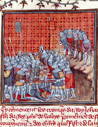 Hundredårskrig: "" Kongen af Frankrig John II den Gode (1319-1364) under et slag""" Miniature taget fra "" Les grandes Chronicles de France""" af Jean Froissart (1337-1400) Chantilly fra det 14. århundrede , Musee Conde af Unknown artist