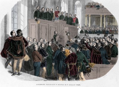 Ungarsk revolution i 1848: Første møde i nationalforsamlingen i Ungarn den 5. juli 1848. Indgravering i "Hungary Historique af J. Boldenyi Paris 1853"" af Unknown artist