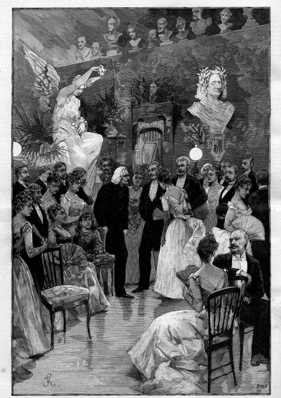 Den ungarske komponist og pianist Franz Liszt (1811-1886) i Paris under en fest til hans ære i billedhuggeren Cyprian Godebskis værksted (1835 - 1909). Gravering i "" Le Monde illustrious"" af Unknown artist