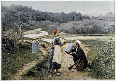 Jæger og pige ved springvandet (Rusland) - fotografering, slutningen af det 19. århundrede af Unknown artist