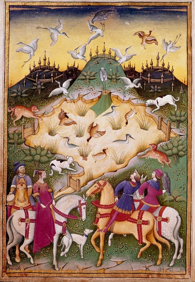 Jagtscene med høge Miniature fra "" Forkæl falkejagt og veneri med mottoet og emblemet for hertugen af Sforza" 1459 (ms. 1375) Chantilly, Musee Conde af Unknown artist