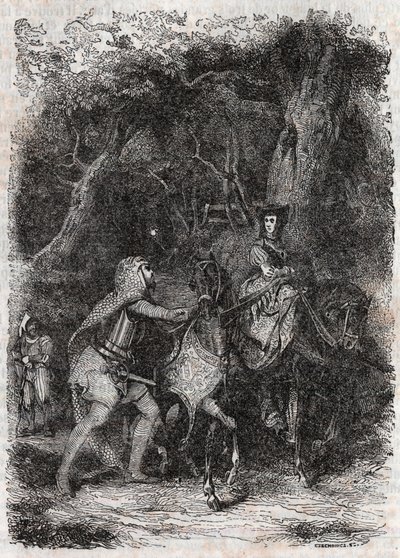 Hypalca Arreteret af Rodomont - 1851 gravering fra "" Furious Roland"" (Orlando furioso) (1500-tallet) af Ludovico Ariosto, kendt som Ariosto - Udgave oversat fra italiensk af greven af Tressan og udgivet af Gustave Harvard 1851 af Unknown artist