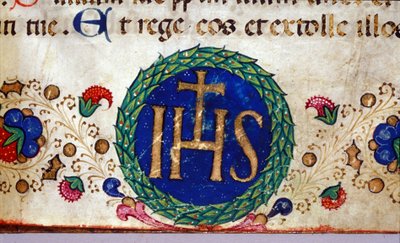 IHS kristent symbol, hvis betydning er Jesus. 15. århundredes manuskript. af Unknown artist