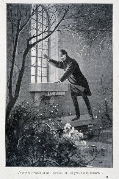 Jeg gik i går aftes og kradsede i vinduet, illustration i Conan Doyles "The Permiers Exploits of Sherlock Holmes". Sd. omkring 1890 af Unknown artist