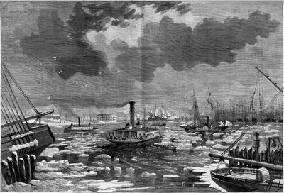 Isdebacle i New York (New York), USA (USA) set fra den østlige flod. Indgravering i ""Det illustere univers"" af Unknown artist