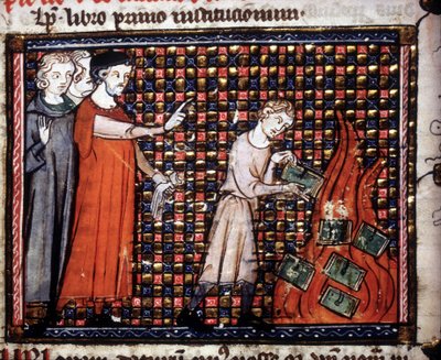 Ikonoklaster smider miniaturemanuskripter på ilden. 14. århundredes manuskript. af Unknown artist