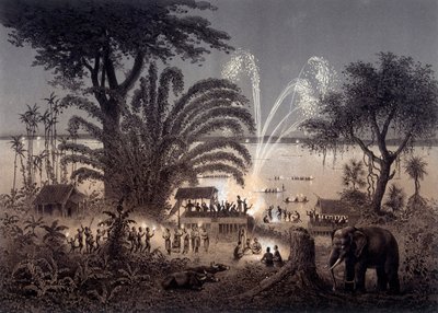 Belysning af floden under festivalen i Bassac, Siamese Laos. I "" Atlas over udforskningsrejsen i Indokina udført i årene 1866-1868"" udgivet under ledelse af F. Garnier 1873. af Unknown artist