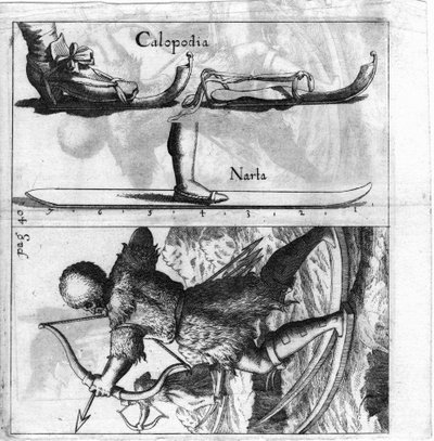 Illustreret tavle, der repræsenterer en gammel type ski. Stik fra slutningen af 1600-tallet. af Unknown artist