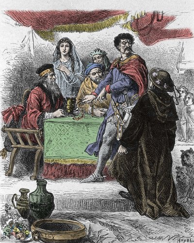 Illustration til "Ivanhoe" af Walter Scott (1771-1832), skotsk forfatter: Ivanhoe udfordres af den saksiske ridder Brian de Bois Guilbert. af Unknown artist