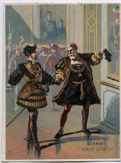 Illustration af "" Ernani" af den italienske komponist Giuseppe Verdi (1813 - 1901), akt 3, scene VI opera skabt i 1844 efter tragedien "" Hernani"" af Victor Hugo. Kromolitografi i slutningen af det 19. århundrede. af Unknown artist