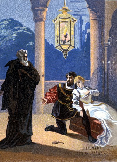 Illustration af "Ernani" af den italienske komponist Giuseppe Verdi (1813 - 1901), akt V, scene 6, opera skabt i 1844 efter Victor Hugos tragedie "Hernani". kromolitografi fra slutningen af det 19. århundrede.. af Unknown artist