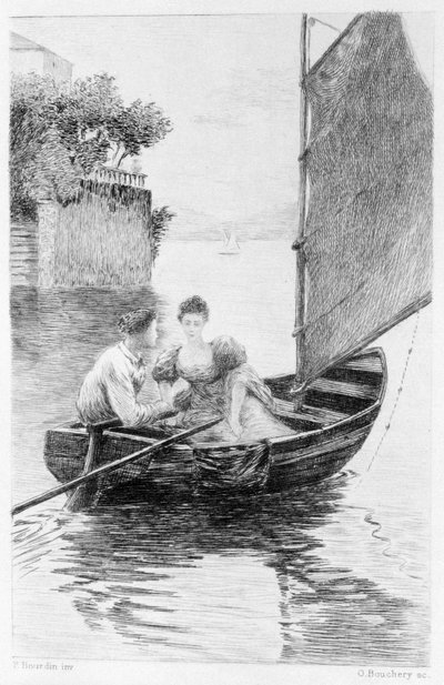 Illustration af "Red and Black" af Stendhal. 1830. Julien Sorel og Madame de Renal repræsenteret på en sejlbåd. Stik fra slutningen af 1800-tallet. af Unknown artist