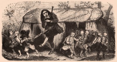 Illustration af en legende efter bretonske traditioner: den laotiske sækkepibespiller og nisser danser foran en dysse af Unknown
