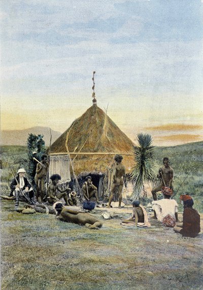 Illustration af en telegrafisk lejr nær Uarai i Ny Kaledonien. af Unknown artist