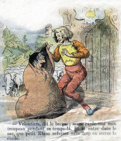 Illustration af slutningen af 1800-tallet til fortællingen af HC Andersen (1805-1875) "Store Claus og Lille Claus" (Klaus). Privat samling. af Unknown artist