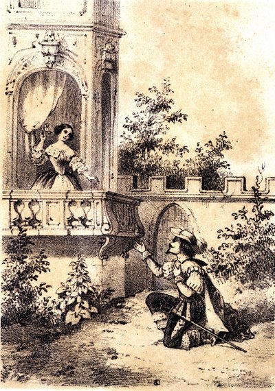 Illustration af sangen "Kongen fik trommeslag"": en mand, der erklærer sin kærlighed til en kvinde ved hans vindue. sd. af Unknown artist