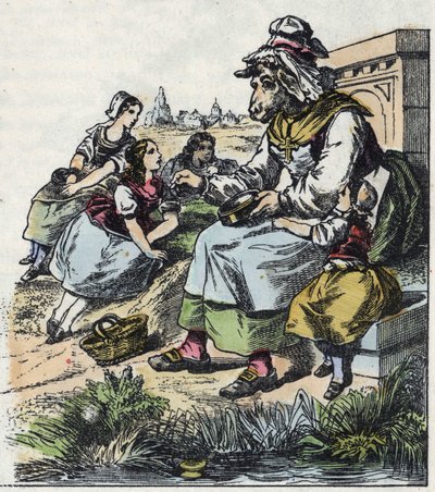 Illustration af fortællingen "Gode mor får"". I “”Fortællinger fra hjemmet for de mindste””. Anonym gravering af det 19. århundrede. af Unknown artist