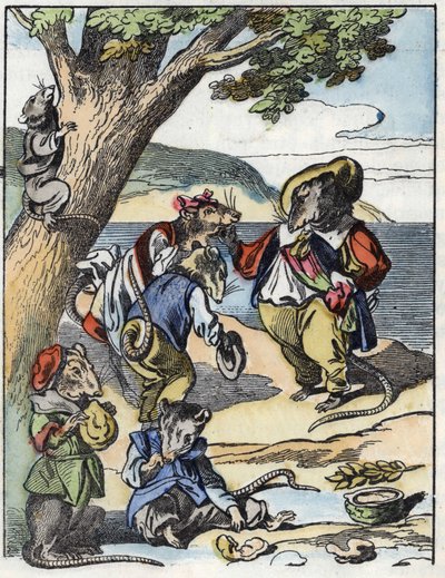 Illustration af fortællingen "Den frygtelige Raminagrobis og musene""" tegner fabler af Jean de la Fontaine. I “”Fortællinger fra hjemmet for de mindste””. Anonym gravering af det 19. århundrede. af Unknown artist