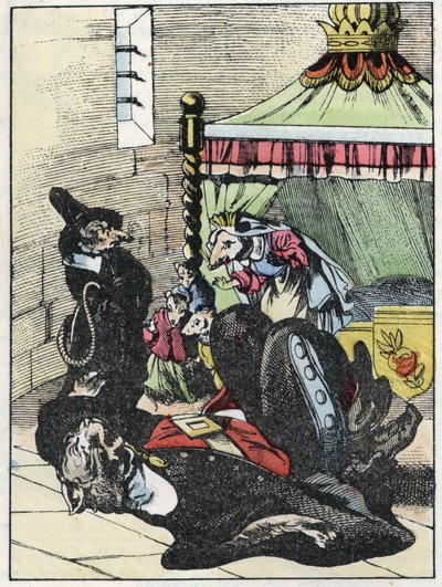 Illustration af fortællingen "Den frygtelige Raminagrobis og musene""" tegner fabler af Jean de la Fontaine. I “”Fortællinger fra hjemmet for de mindste””. Anonym gravering af det 19. århundrede. af Unknown artist
