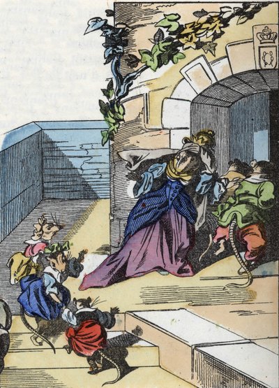 Illustration af fortællingen "Den frygtelige Raminagrobis og musene""" tegner fabler af Jean de la Fontaine. I “”Fortællinger fra hjemmet for de mindste””. Anonym gravering af det 19. århundrede. af Unknown artist