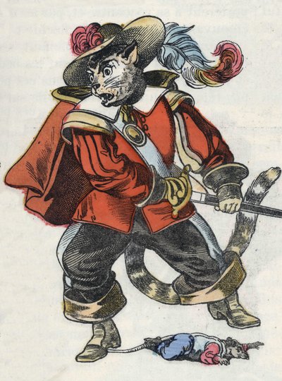 Illustration af fortællingen "Den frygtelige Raminagrobis og musene""" tegner fabler af Jean de la Fontaine. I “”Fortællinger fra hjemmet for de mindste””. Anonym gravering af det 19. århundrede. af Unknown artist