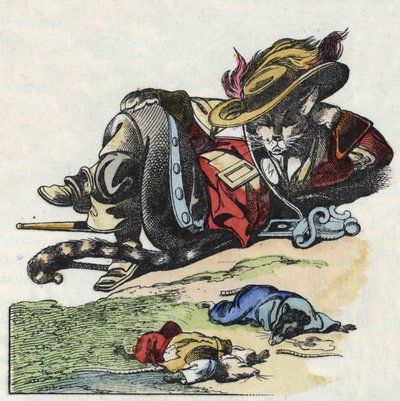 Illustration af fortællingen "Den frygtelige Raminagrobis og musene""" tegner fabler af Jean de la Fontaine. I “”Fortællinger fra hjemmet for de mindste””. Anonym gravering af det 19. århundrede. af Unknown artist