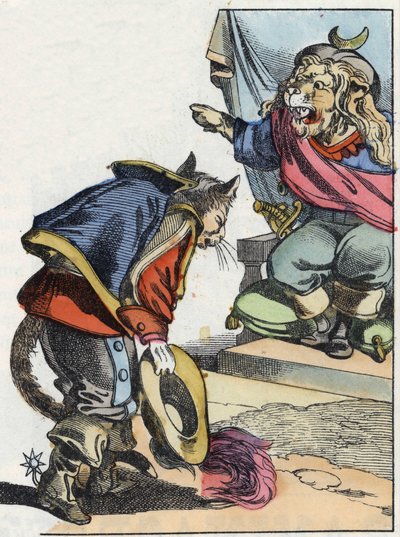 Illustration af fortællingen "Den frygtelige Raminagrobis og musene""" tegner fabler af Jean de la Fontaine. I “”Fortællinger fra hjemmet for de mindste””. Anonym gravering af det 19. århundrede. af Unknown artist