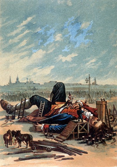 Illustration, der viser Lilliputians vedhæfte Gulliver. Kromolitografi, sd. Slutningen af det 19. århundrede. af Unknown artist