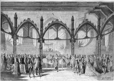 Imperial Theatre of the Comic Opera: Scene IV, Act II af operaen "The First Day of Happiness"" af Daniel Francois Esprit Auber (1782-1871). Indgravering i ""Det illustere univers"" af Unknown artist