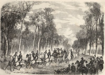 Kejserlig jagt i Compiegne i nærværelse af Napoleon III (1808-1873) og Imperatrice Eugenie (1826-1920). Stik i “Le Monde illustrious”” fra 1857. Privat samling. af Unknown artist