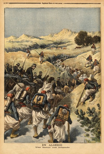 I Algeriet, en bataljon organiseret af en hel bataljon af Zouaves, forstærket af kavaleriet, for at fange Areski ben Bashir, tre gange dømt til døden af domstolen i Algier. Indgravering i "" Le petit journal"" 23/12/1893. Selvas samling. af Unknown artist