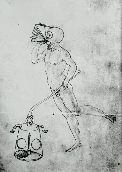 I et bind af Francesco di Giorgio optræder denne tegning, der viser en bælg til at trække vejret under vandet af Unknown artist