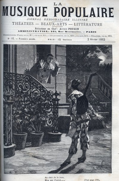 I måneskin, en repræsentation af den populære sang. Harlekin på Pjerrots balkon, i måneskin. af Unknown artist