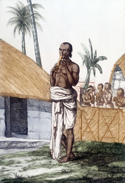 Indisk kultur og civilisation: musiker, der spiller bansuri-fløjten, traditionelt musikinstrument, Indien. Stik 1808. af Unknown artist