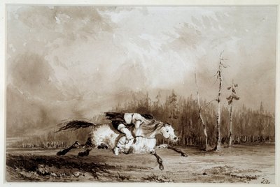 Indian of America: "" En hest i galop og bærer en mand bundet op"" Anonym tegning. La Rochelle fra det 19. århundrede, Musee du Nouveau Monde af Unknown artist