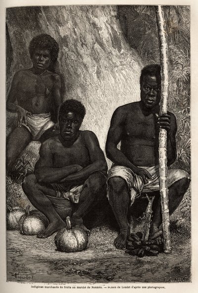 Indfødt frugthandler på markedet i Noumea (Ny Kaledonien). Indgravering til illustration af rejsen til Ny Kaledonien fra 1863 til 1866 af Jules Garnier, civilingeniør i miner, i "Le tour du monde, nouveau journal des voyages" udgivet under den dire af Unknown artist